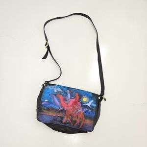 Vintage‎ GANSON Black Leather Crossbody Bag Purse With Hand Painted Design Macau